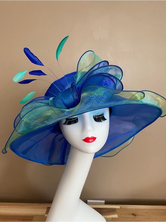 Accessories - NWT SHIPS TODAY! Derby hat wide brim organza royal blue and green with bow